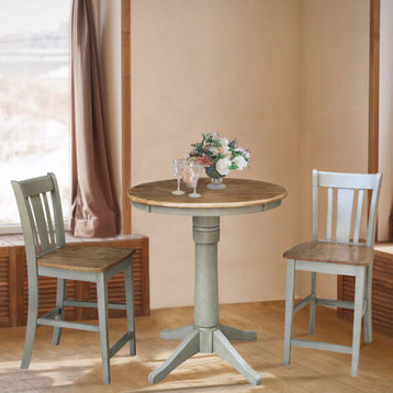 30" Round Top Pedestal Table - With 2 Emily Chairs, Distressed Hickory/Stone