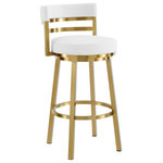 Armen Living - Madrid 26" Swivel Counter Stool, Gold Brushed Stainless Steel and Faux Leather, White, 30 Inch - Glam up your space with our sleek and charming Madrid Swivel Counter or Bar Height Stool in Metal and Faux Leather by Armen Living. The streamlined silhouette and elegant mixed materials of our barstool offer eye-catching style and comfort. Its curved and padded backrest provides comfortable support, while the round seat is upholstered with faux leather, for a smooth and chic look. Faux leather is stain, scratch, and water-resistant for easy care and maintenance. This barstool delivers a modern and minimalism aesthetic with the streamlined base and smooth, round seat. Its upholstered low back provides exceptional ergonomic support and comfort anywhere from your kitchen to your home office. The Madrid barstool exquisitely suits your kitchen island, pub table, home bar, or adjustable desk with its simple, armless design and smooth gliding 360-degree swivel function that allows for maximum mobility and convenience in tight spaces. The Madrid's legs are tipped with floor protectors, ensuring that the bar stool will not slip on or scratch hardwood or tile floors, making this a durable bar stool that will last for many years to come. The built-in circular footrest and cushions constructed from high-density foam and wrapped in soft faux leather upholstery will keep you comfortably seated for hours on end. The Madrid Swivel Counter or Bar Height Stool is available in: Gold Brushed Stainless Steel with Vintage Coffee, White, or Vintage Gray faux leather, or Brushed Stainless Steel with Red, Blue, Gray, White, or Black faux leather to elevate any corner of your home.
