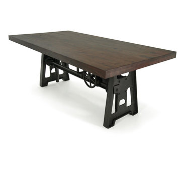 Industrial Dining Table, Cast Iron Base, Adjustable Height Crank Walnut
