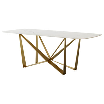 Modern Rectangular Slate Top Dining Table With Gold Pedestal, 70.86"