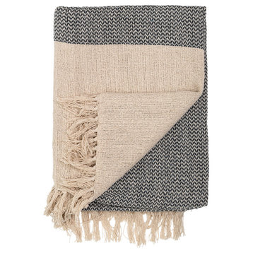 Soft Cotton Blend Knit Throw with Fringe, Grey and Cream