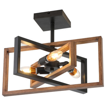 Geometric 3-Light Semi Flush Mount Rectangular Frame Ceiling Light, Brown