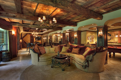 Example of a huge mountain style walk-out ceramic tile basement design in Chicago with green walls
