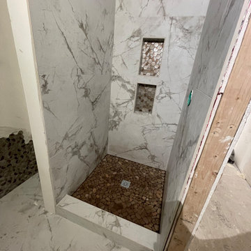 Bathroom Remodel Browns and Creams wall accent tiles