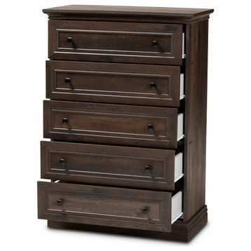 Traditional Transitional Hazel Walnut Brown Finished 5-Drawer Wood Chest