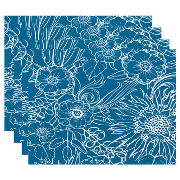 18"x14" Zentangle 4, Floral Print Placemats, Set of 4, Teal