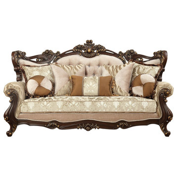 42" X 90" X 51" Fabric Walnut Upholstery Wood Leg/Trim Sofa With7 Pillows