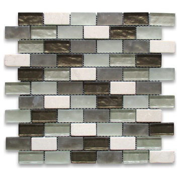 Glass Mosaic Tile White Gray Brown Glass Beige Travertine Backsplashes, 1 sheet