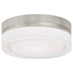 Visual Comfort Modern Collection - Tech Lighting Cirque Ceiling Light, LED, Satin Nickel - Beautiful round pressed glass shade with polished surface suspended from a die-cast base. May be mounted on the ceiling or wall. Available in three lamp configurations: incandescent, fluorescent, and LED. Large incandescent includes two 120 volt, 40 watt G9 base halogen lamps; Small incandescent includes one 120 volt 40 watt G9 base halogen lamp; Large fluorescent includes two 13 watt 2GX7 base twin tube lamps and electronic ballast; Large LED includes one 15 watt, 800 net lumen, LED module; Small LED includes one 10 watt, 530 net lumen LED module. Incandescent version dimmable with a standard incandescent dimmer (not included). LED version dimmable with low-voltage electronic dimmer (not included). Suitable for wet locations. ADA compliant.