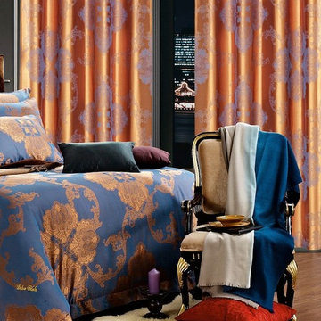 "Freya" window treatments and a matching bed cover