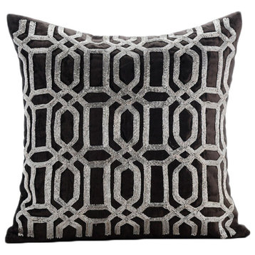 Charcoal Grey Throw Pillows 20"x20" Velvet Indian Pillow Covers, Turkish Silver