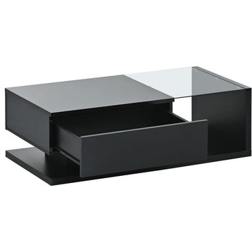 Modern Coffee Table, MDF Construction With Glass Top & Storage Drawer, Black