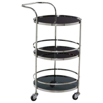 Contemporary Bar Cart, Chrome Frame and 3 Tiers Round Tinted Glass Trays