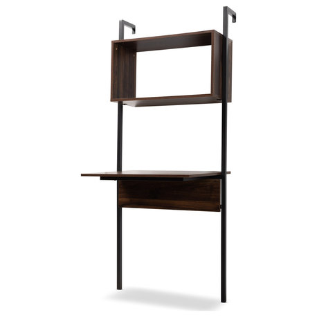 Cruz Industrial Walnut Brown Finished Display Shelf With Desk