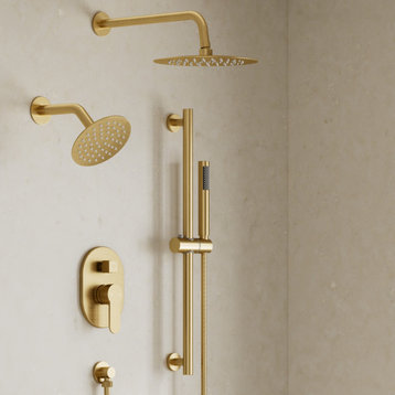 Dual Heads 10" Wall Mount Shower System with Slide Bar Hand Shower, Brushed Gold