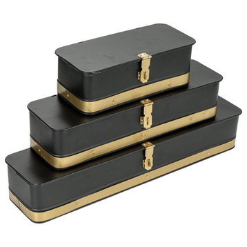 Decorative Metal Boxes With Lid, Galvanized Metal With Gold Band, Set of 3, Black
