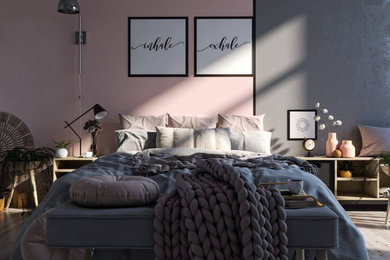 ロサンゼルスにあるおしゃれな主寝室 (ピンクの壁、ラミネートの床、茶色い床、壁紙) のインテリア