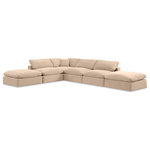 Meridian Furniture - Comfy Upholstered L-Shaped Modular Sectional, Beige, 6-Piece: 3 Armless Chair, 1 Corner Chair, 2 Ottoman, Velvet - Give your space a whole new look with this beige Comfy velvet sectional. This handsome sectional fits nicely with other items in the Comfy collection and is a versatile seating option designed for adaptability, comfort and style. Wrapped in rich beige durable velvet upholstery, this sectional offers a plush embrace of overstuffed down feather cushions, carefully crafted to deliver the highest level of comfort. The perfect seat for creating an oasis for relaxation, this sectional has thick foam surrounding its frame for added support and coziness.