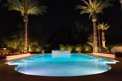 Large elegant backyard stone and rectangular lap pool landscaping photo in Phoenix