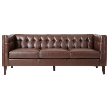 Contemporary Sofa, Faux Leather Seat & Back With Button Waffle Tufting, Brown