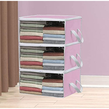 3 Pack Foldable Closet Organizer Clothing Storage Box with Clear Window, Pink