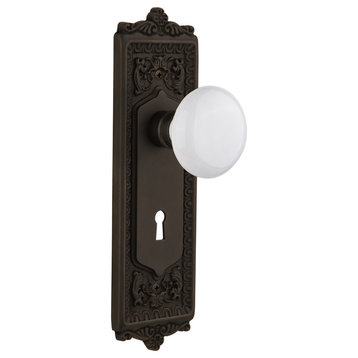 Egg and Dart Plate Passage White Porcelain Knob, Oil Rubbed Bronze