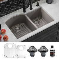 Karran Undermount Quartz 32" 60/40 Double Bowl Kitchen Sink Kit, Concrete
