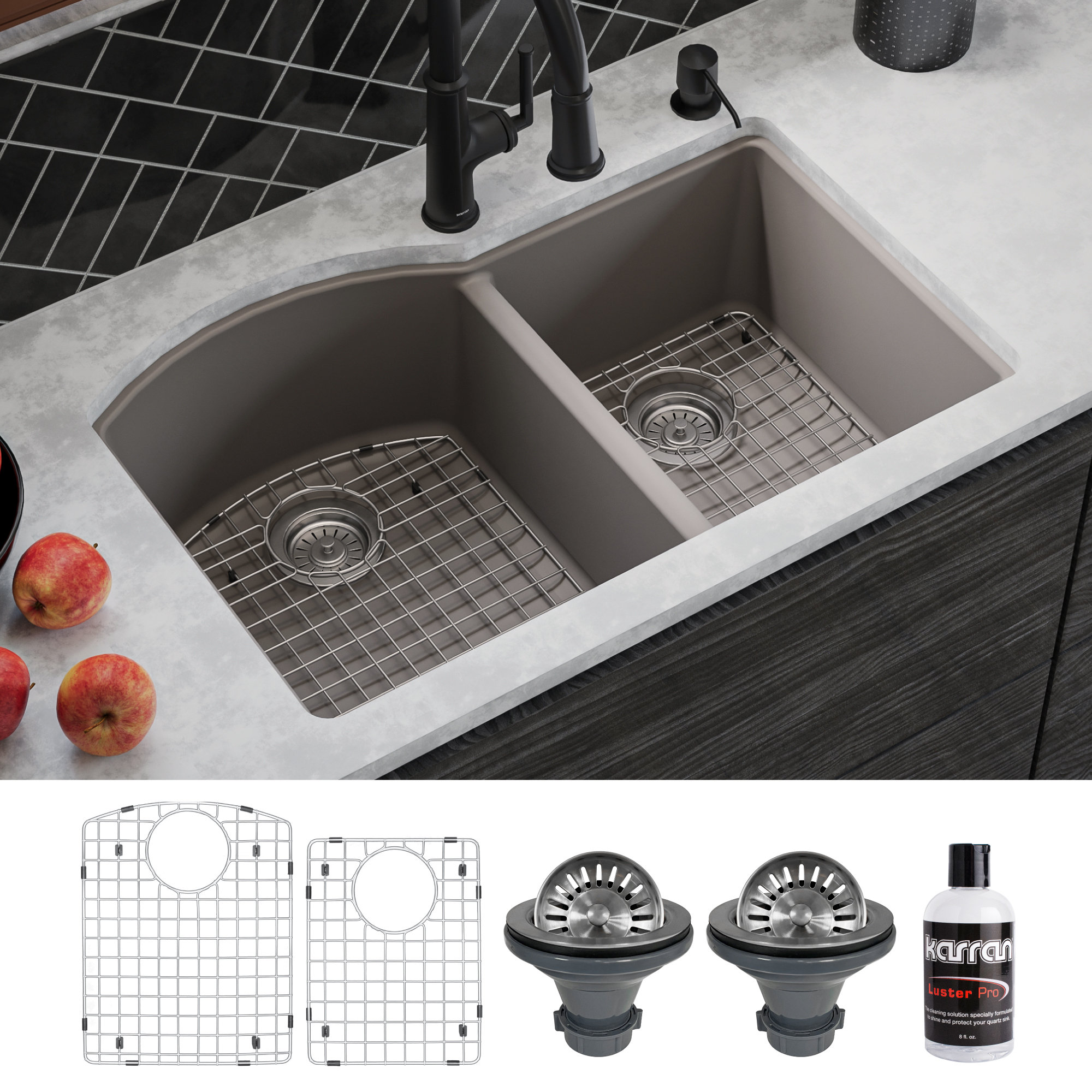 Karran Undermount Quartz 32" 60/40 Double Bowl Kitchen Sink Kit, Concrete