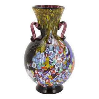 GlassOfVenice Murano Glass Millefiori Vase With Handles - Purple