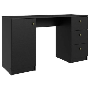 Modern Desk, Spacious Rectangular Top With Drawers & Single Door Cabinet, Black