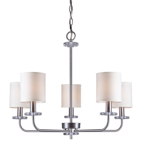 5 Light Chandelier, Brushed Nickel, Off White Linen Shade