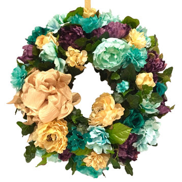 All Season Outdoor Wreath Purple Turquoise Cream Peonies Hydrangea Zinnia 26"