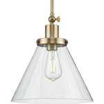 Progress Lighting - Hinton 1-Light Seeded Glass Vintage Brass Industrial Pendant Light - Enjoy focused task lighting with the Hinton Collection 1-Light Seeded Glass Vintage Brass Industrial Pendant Light. A light source glows from within a clear seeded glass shade for focused task light with unexpected visual texture. A vintage light base with round decorative knobs is coated in a sleek vintage brass finish for modern industrial character. The light base attaches to a metal stem that suspends from the ceiling plate. For ideal illumination, use 1 medium base bulb that is sold separately (100w max - LED/CFL/incandescent). The hanging light is compatible with dimmable bulbs. Incorporate clear light bulbs for a pinch of contemporary shine or opt for vintage bulbs to enhance the light fixture's rustic demeanor. The pendant's industrial design is ideal for any foyer, dining room, kitchen, breakfast nook, entryway, living room, or bedroom in coastal, farmhouse, transitional, or vintage electric style settings. It's time to breathe new life into the mundane every day with timeless and truly transformative bathroom lighting. Make your purchase today to begin your journey to a whole new lighting experience. Progress Lighting products are designed for exceptional quality, reliability, and functionality.