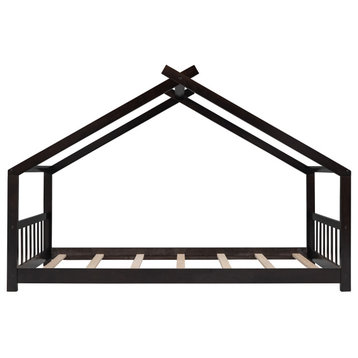 Gewnee Wood Twin Size House Bed with Fence in Espresso