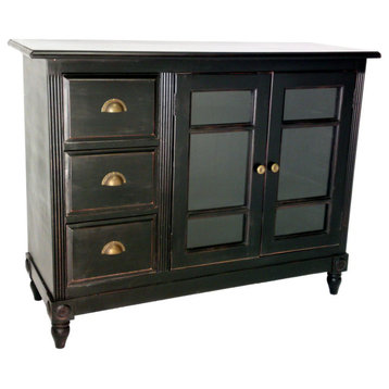 Traditional Sideboard, 2 Glass Doors & 3 Drawers With Brass Hardware, Aged Black