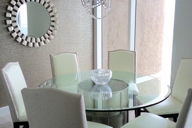 Example of a large minimalist ceramic tile great room design in Miami with white walls