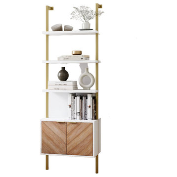 Boho Bookcase, Wall Design With Lower Cabinet & 4 Open Shelves, White/Gold