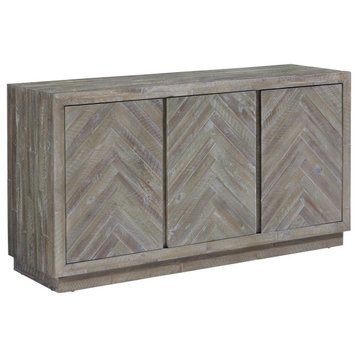 Farmhouse Sideboard, Acacia Wood Construction With Herringbone Patterned Doors