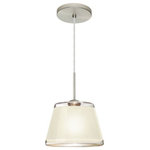 Besa Lighting - Besa Lighting Pica 9, 8.7" 10W 1 LED Cord Pendant with Flat Canopy - Pica 9 is a compact tapered glass with a broad top and a radiused return at the bottom, its retro styling will gracefully blend into today's environments. The Blue Sand decor begins with a clear blown glass, with glossy outer finish. We then, using a handcrafting technique, carefully apply a band of actual fine-grained sand to the inner surface of the glass, where white color is fully saturated into the coating for a bold statement. A final clear protective coating is applied to seal and preserve the accent material. The result is a beautifully textured work of art, comfortable with the irony of sand being applied to a glass that ordinates from sand. When illuminated, the colors shimmers through the noticeable refractions created by every granule, as the sand patterning is obvious and pleasing. The cord pendant fixture is equipped with a 10' SVT cordset and an low profile flat monopoint canopy. These stylish and functional luminaries are offered in a beautiful brushed Bronze finish.  No. of Rods: 4  Canopy Included: TRUE  Shade Included: TRUE  Canopy Diameter: 5 x 0.63< Rod Length(s): 18.00  Dimable: TRUE  Color Temperature: 2  Lumens:   CRI: +  Rated Life: 0 HoursPica 9 8.7" 10W 1 LED Cord Pendant with Flat Canopy Bronze White Sand GlassUL: Suitable for damp locations, *Energy Star Qualified: n/a  *ADA Certified: n/a  *Number of Lights: Lamp: 1-*Wattage:10w LED bulb(s) *Bulb Included:Yes *Bulb Type:LED *Finish Type:Bronze