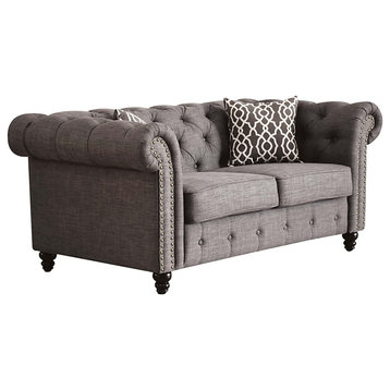 Elegant Loveseat, Cushioned Seat With 2 Pillows & Sheltering Rolled Arms, Gray