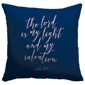 "Psalm 27:1 - Scripture Art in White and Navy" Pillow 16"x16"