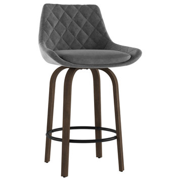Set of 2, Velvet Fabric and Bentwood Adjustable Stool, Gray