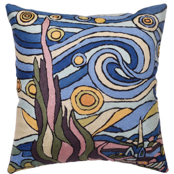 Blue Starry Night Decorative Pillow Cover Van Gogh Hand Embroidered Wool 18x18