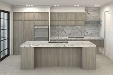 Inspiration for a large contemporary kitchen pantry in Sydney with a double-bowl sink, recessed-panel cabinets, medium wood cabinets, stainless steel appliances, marble floors, with island and beige floor.