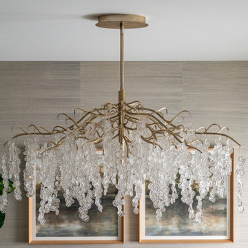 Warm Textural Dining Room With Dripping Button Glass Chandelier Neutral Grassclo