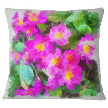 Pink Little Flowers With Green Leaves Floral Throw Pillow, 18"x18"