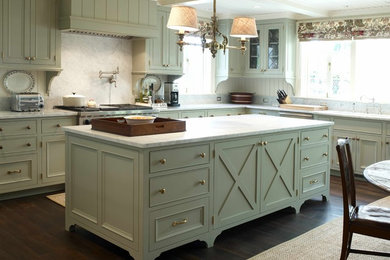 Elegant eat-in kitchen photo in Seattle with green cabinets, marble countertops, white backsplash, recessed-panel cabinets and marble backsplash