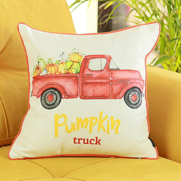 Set Of 4 18" Pumpkin Truck Throw Pillow Cover In Multicolor, Rustic Red, White