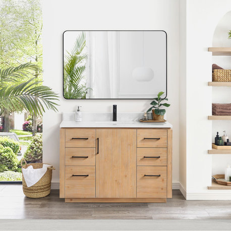 San Bath Vanity with Stone Top, Fir Wood Brown, 48", Single Vanity, With Mirror