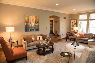 Inspiration for a large transitional open concept light wood floor living room remodel in Kansas City with gray walls, a standard fireplace and a stone fireplace